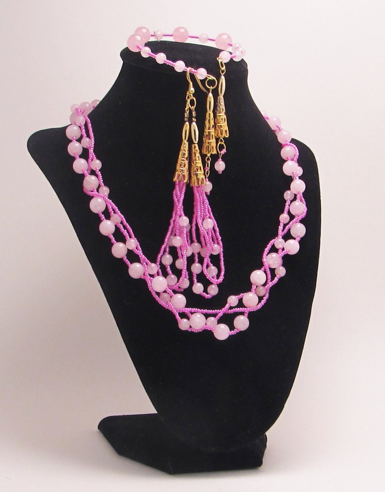 Pink Jade Braid, Jewelry Set, Gold, Seed Beads, Long Earrings, Bracelet, Matching Gift Set image 1