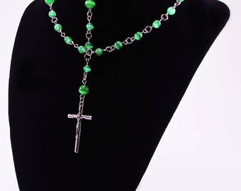 Rosary, Green Fiber Optic Cats Eye Beads, Acrylic, Religious, Spiritual, Silver Tone Metal, Catholic, Prayer, Necklace