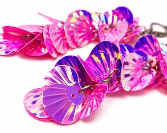 Hot Pink Clam-Shaped Sequin Earrings
