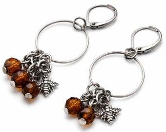 Burnt Honey Faceted Glass Dangle Earrings with Bee Charms
