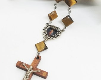 Auto Rosary, Hand Rosary, Square Tigers Eye Gemstone Beads, Silver Tone and Stainless Steel, Religious, Spiritual, Catholic