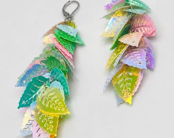 Long Pastel AB Sequin Leaf Statement Earrings