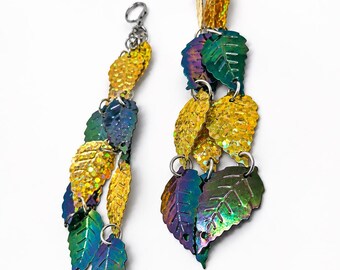 Long Leaf Sequin Earrings with Gold Hologram and AB Gun Metal Leaves