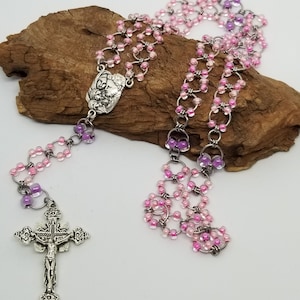 Chain Maille Non-Traditional Catholic Rosary Necklace,  Pink Glass beads and Stainless Steel, Religious, Spiritual, Free Shipping