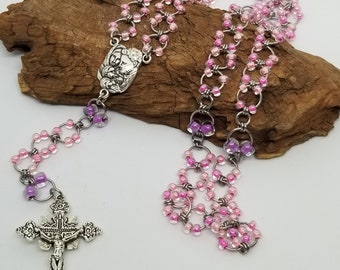 Chain Maille Rosary Necklace: Pink Glass Beads, Stainless Steel