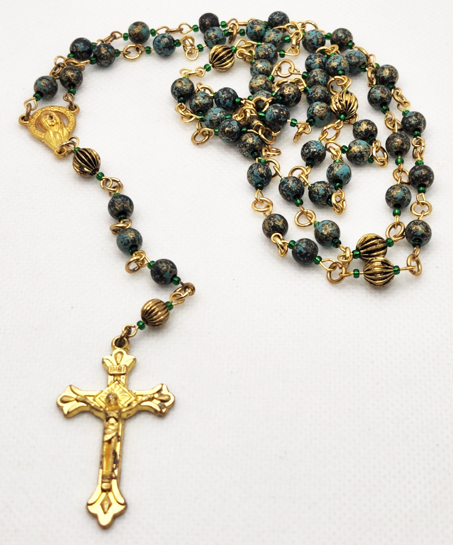 Rosary Green and Gold Painted Beads Green Accent Beads - Etsy