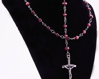 Rosary, Wine Color Fiber Optic Beads, Cats Eye, Acrylic, Religious, Spiritual, Silver Tone Metal & Stainless Steel, Catholic, Prayer