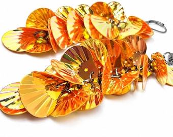 Long Orange & Gold AB Sequin Clam Statement Earrings