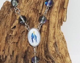 Auto Rosary, Hand Rosary, Shimmery Blue Translucent  Beads, Silver Tone and Stainless Steel, Religious, Spiritual, Catholic