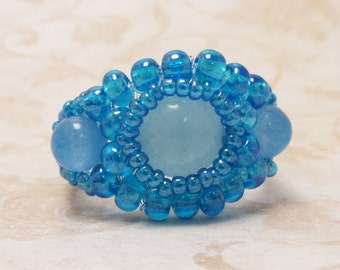 Gemstone Bead Woven Ring, Brazilian Aquamarine, Blue Seed Beads, Boho, Size 11, Free Shipping