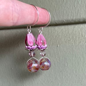 Pink Lampwork Floral Pink Beach Crystal Vintage Pink Drop Earrings, Sterling Silver Jewelry, Pink Beach Lampwork, Nickel Free