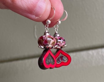 Earrings, Heart Earrings, Lampwork Heart Earrings, Pink Cherry Blossom, Lampwork Jewelry, Ready to Ship Jewelry, Lampwork Glass Earrings