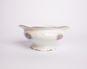 ヴィンテージ風花柄磁器ボウル（取っ手付き）、コテージスタイルサービングディッシュ、ピンクローズゴールドトリム