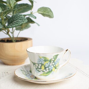 Vintage Royal Sutherland Bone China Teacup Saucer, English Floral Tea Cup, Lily of the Valley Cottagecore Tea Cup