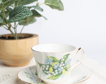 Vintage Royal Sutherland Bone China Teacup Saucer, English Floral Tea Cup, Lily of the Valley Cottagecore Tea Cup