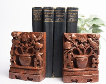 Vintage Carved Stone Bookends Birds & Floral Motif | Rustic Woodland Decor | Cottage Library Shelf Styling