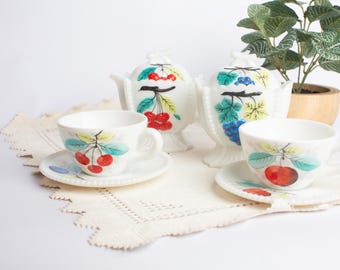 Vintage Westmoreland-theeservies van melkglas | Fruitsuikerpot creamer theekopjes | Cottage keukendecoratie kersen en druif