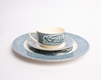 Vintage Currier & Ives Blue Transferware Tea Cup Saucer Plate Set | Old Grist Mill | Farm Scene Dinnerware