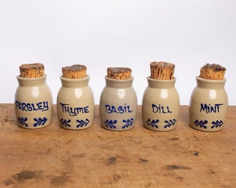 Vintage Herb Jars with Cork Lids – 1993 Studio Pottery Style – Parsley Thyme Basil Dill Mint – Rustic Cottage Kitchen Decor