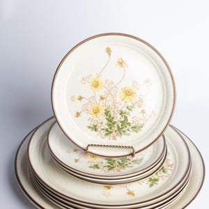 May include: A stack of round ceramic plates with a speckled off-white finish and a brown rim. The plates feature a central botanical illustration of yellow wildflowers and green foliage. One plate is displayed upright on a gold wire stand.