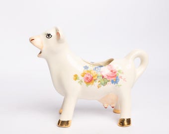 Vintage Floral Cow Creamer Pitcher Cottage Farmhouse Milk Jug Gold Hoof Ceramic Kitsch Decor