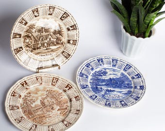 Prato de calendário inglês vintage | Prato de parede Alfred Meakin Staffordshire | Decoração campestre em cerâmica azul ou marrom