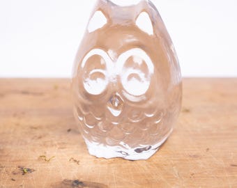 Vintage Glass Owl Paperweight | Clear Crystal Owl Figurine | Woodland Decor | Shelf Styling Accent