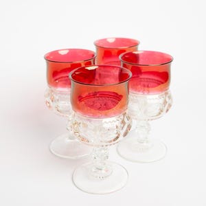 Vintage Tiffin Franciscan King's Crown Ruby Flash-glazen set van 4, duimafdruk glaswerk, rode wijnbekers uit het midden van de eeuw