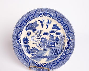 Vintage Blue Willow Style Transferware Dinner Plate Made in Japan Chinoiserie Decor