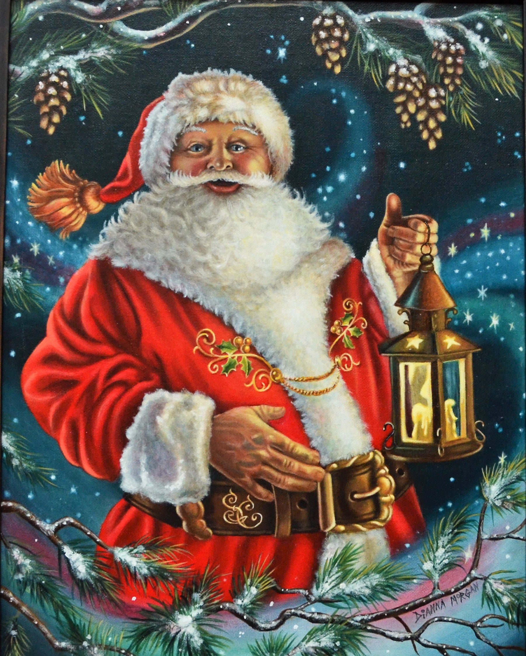 Santa Claus in Pines, Acrylic Painting of Saint Nick in the Snow With