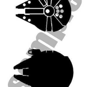 May include: Two black silhouettes of the Millennium Falcon spaceship from Star Wars. The top silhouette is facing the viewer, while the bottom silhouette is facing away from the viewer.