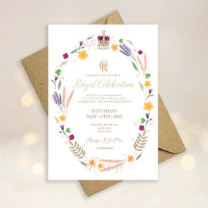 Digital File Personalised Beautiful Crown Floral Royal Garden Party Invitation image 1
