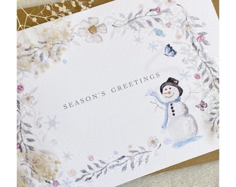 Christmas Seasons Greetings Snowman Greeting Card neutral with Bio Glitter