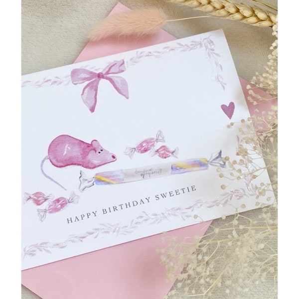 Happy Birthday Sweetie Sugar Mice, Rock, Sweets, Candy Carte de vœux avec paillettes bio