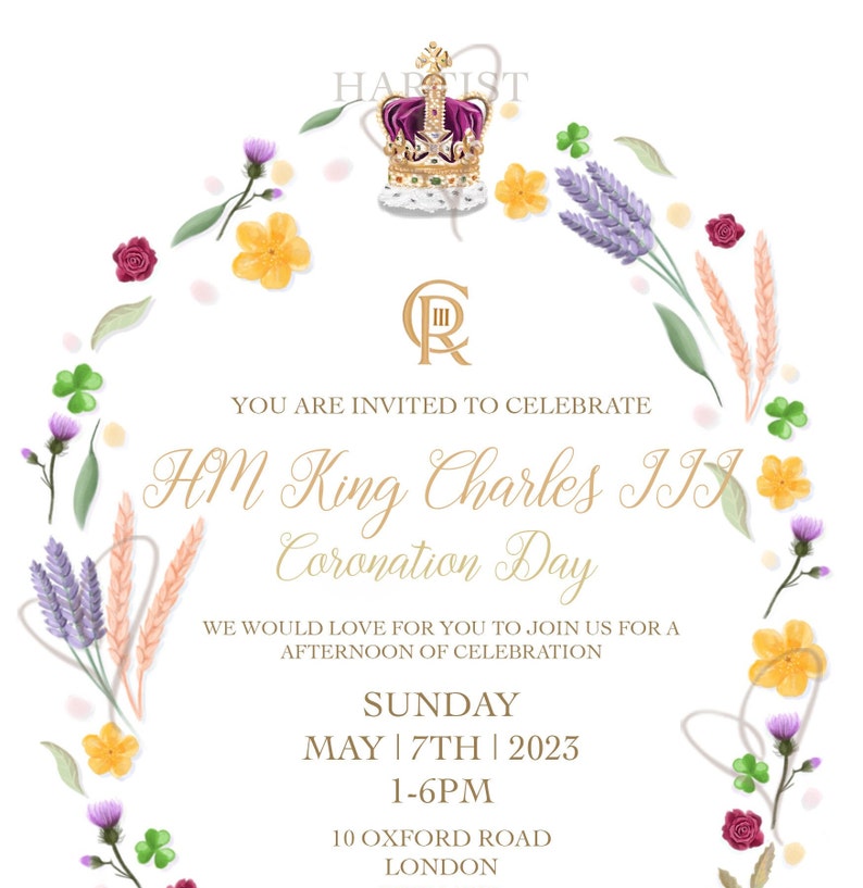 Digital File Personalised Beautiful Crown Floral Royal Garden Party Invitation image 2