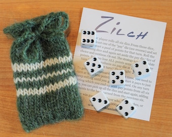 Zilch dice game with handknit bag