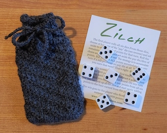 Zilch dice game with hand-knit bag