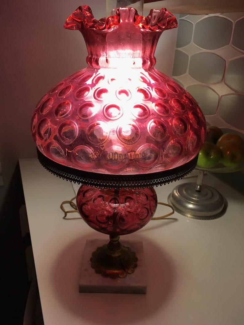 Vintage Fenton cranberry glass coin dot lamp midcentury Etsy