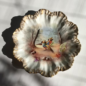vintage 1890 Lanternier elite Limoges pheasants game birds plate with gold fluted edging