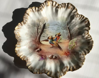 vintage 1890 Lanternier elite Limoges pheasants game birds plate with gold fluted edging