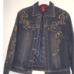 Embroidered Denim Jacket, Beaded Jacket, Embellished Women&#39;s Stretch Denim Jean Jacket, S/M, Removable Lining Embroidery, Stones & Beads