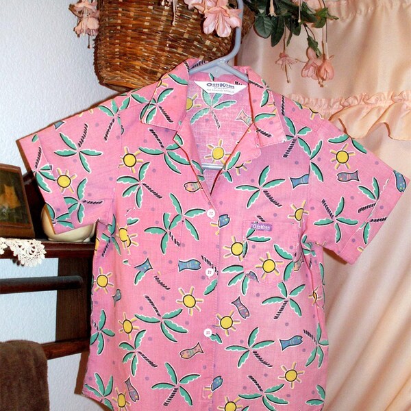 Vintage OshKosh Hawaiian Shirt Toddler Girls 3 - 4 Pink Tropical Print