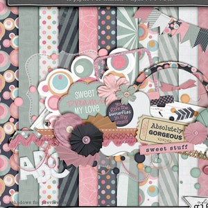 Kit de álbum de recortes digital para niñas y bebés / {Cosas dulces} / Más de 35 elementos / 20 papeles / 12 x 12 / Alfabeto / PNG /