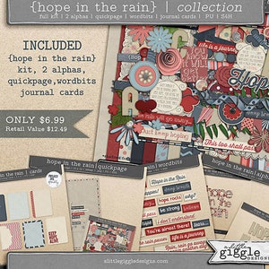 Può includere: Un kit di scrapbooking digitale con il titolo "Hope in the Rain" che include una varietà di elementi, tra cui una pagina rapida, parole, schede di diario e due set di alfabeti. Il kit è disponibile per 6,99 €.