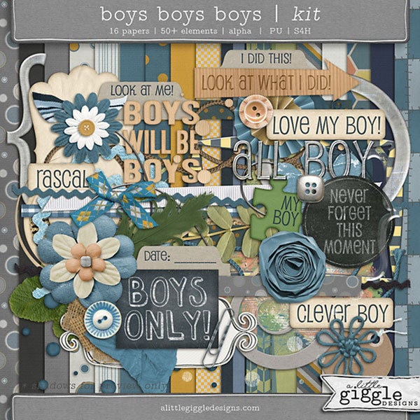 Digital Scrapbook Kit | {Boys Boys Boys} | 50+ Elements | 20 Papers | 12x12 | Alphabet | PNG | Perfect for Scrapping Children & Little Boys