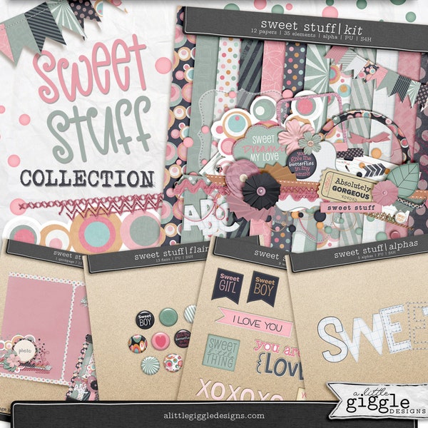 Kit de scrapbooking numérique Collection COMPLÈTE pour les filles | {Trucs sucrés} | 35+ éléments | 20 articles | 12x12 | 5 Alpha | +4 packs supplémentaires | PNG