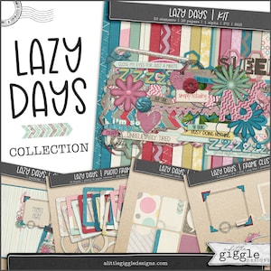 Pode incluir: Um kit de scrapbooking digital com o título "Lazy Days Collection" que apresenta uma variedade de papéis, elementos e molduras coloridos com um tema caprichoso e relaxante. O kit inclui 50 elementos, 20 papéis, 1 alfa, 1 PU e 1 S4H.