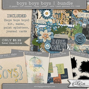 Digital Scrapbook Kit FULL Collection | {Boys Boys Boys} | 50+ Elements | 20 Papers | 12x12 | Alphabet | PNG | +3 Extra Packs |