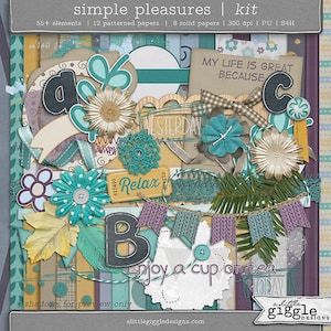 Kit album digitale / {Piaceri semplici} / 55+ elementi / 20 documenti / 12x12 / Alfabeto / PNG / Festeggia godendo la vita e divertendosi!