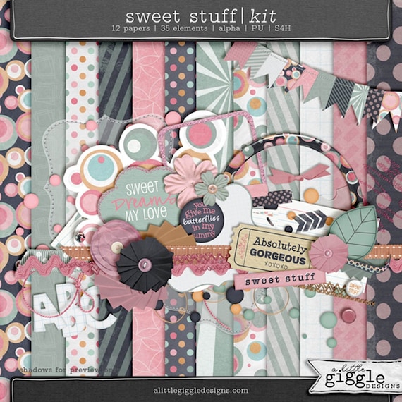 Digital Scrapbook Kit for Girls and Babies sweet Stuff 35 Elements 20  Papers 12x12 Alphabet PNG 